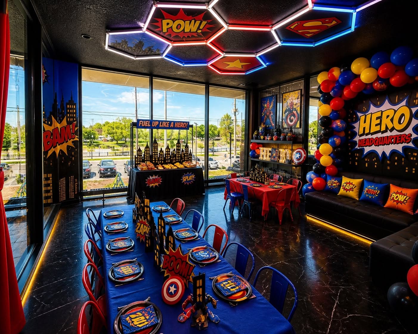 Party room concept set for a superhero birthday, the on-request takeover theme of the Neon Glow Room