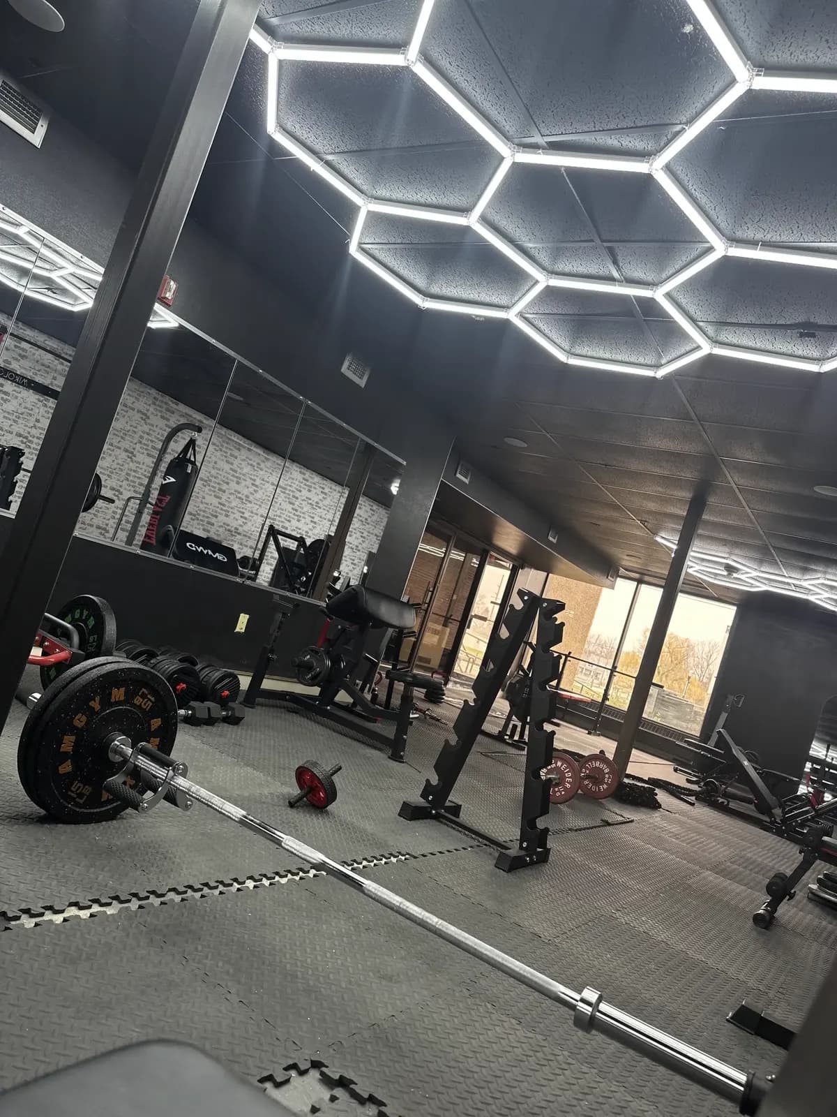 The Zero Gravity Fitness weight floor under the honeycomb lights